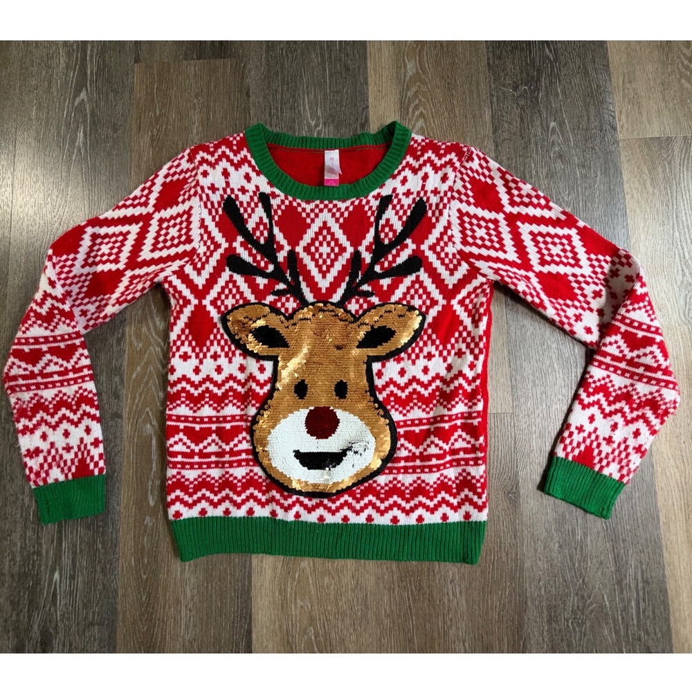 No Boundaries Reindeer Sweater Juniors L Red Sequin Fair Isle Holiday Knit